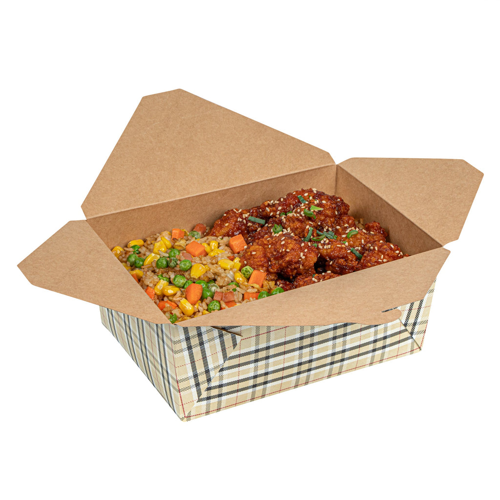 Bio Tek 98 oz Plaid Paper #4 Bio Box Take Out Container - 8 1/2" x 6 1/4" x 3 1/2" - 200 count box