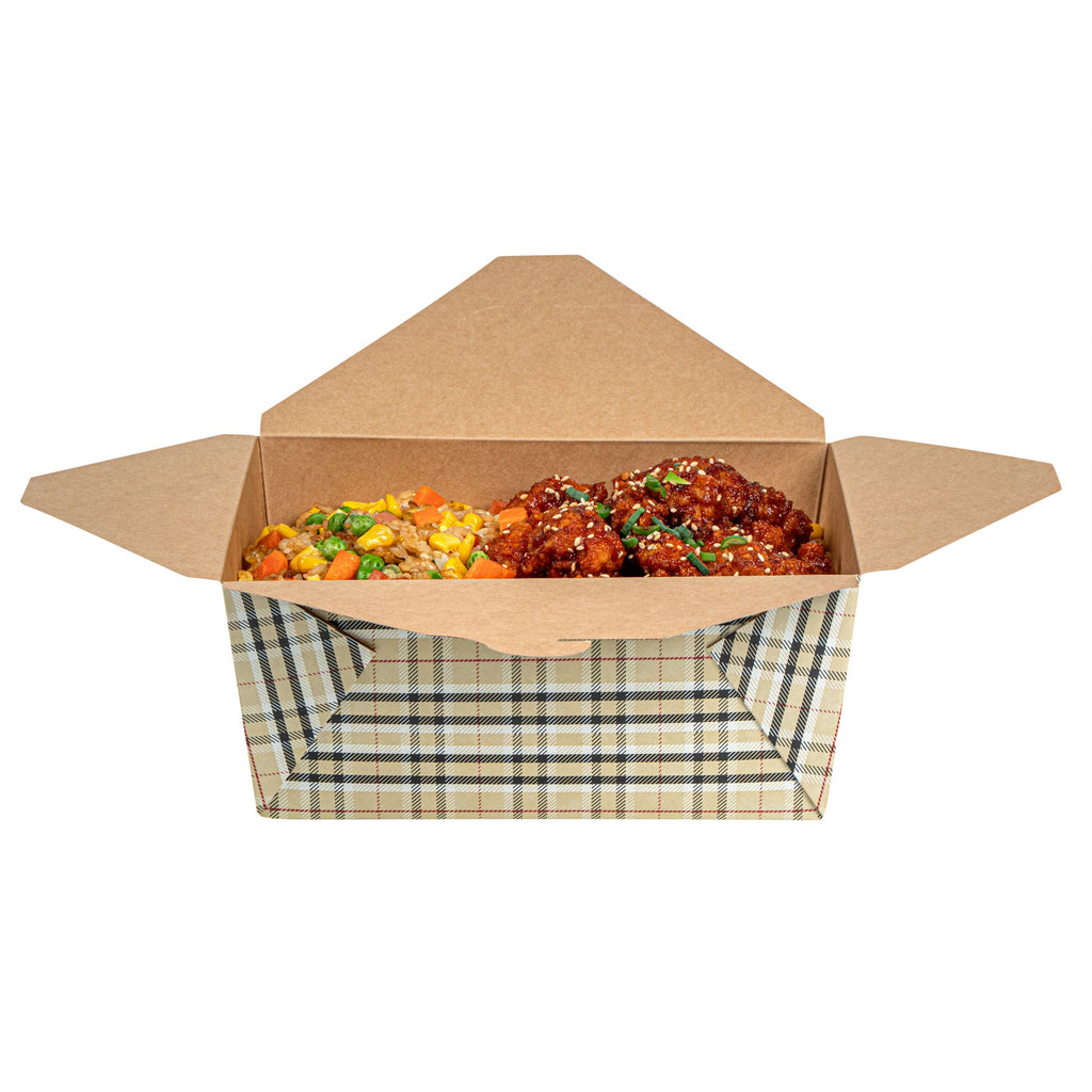 Bio Tek 98 oz Plaid Paper #4 Bio Box Take Out Container - 8 1/2" x 6 1/4" x 3 1/2" - 200 count box