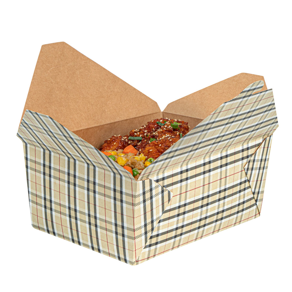 Bio Tek 98 oz Plaid Paper #4 Bio Box Take Out Container - 8 1/2" x 6 1/4" x 3 1/2" - 200 count box