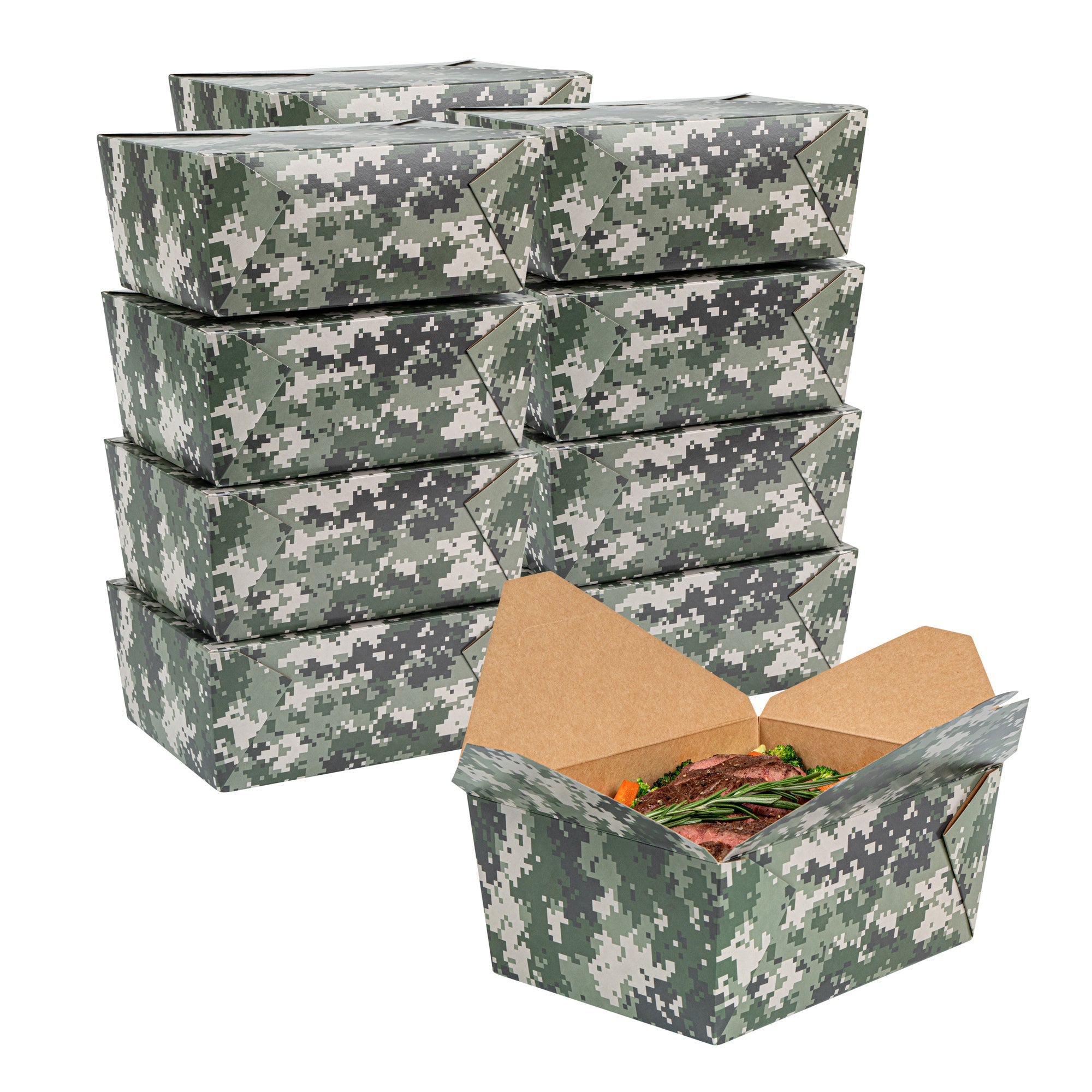 Bio Tek 98 oz Camouflage Paper #4 Bio Box Take Out Container - 8 1/2" x 6 1/4" x 3 1/2" - 50 count box