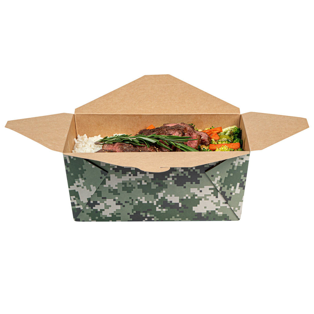 Bio Tek 98 oz Camouflage Paper #4 Bio Box Take Out Container - 8 1/2" x 6 1/4" x 3 1/2" - 50 count box