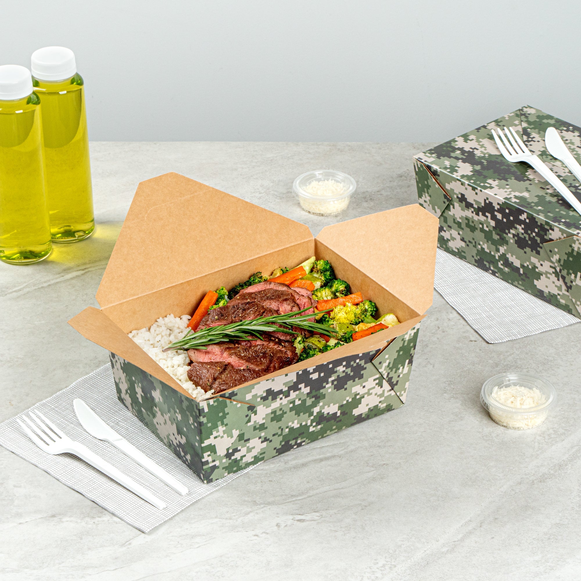 Bio Tek 98 oz Camouflage Paper #4 Bio Box Take Out Container - 8 1/2" x 6 1/4" x 3 1/2" - 50 count box