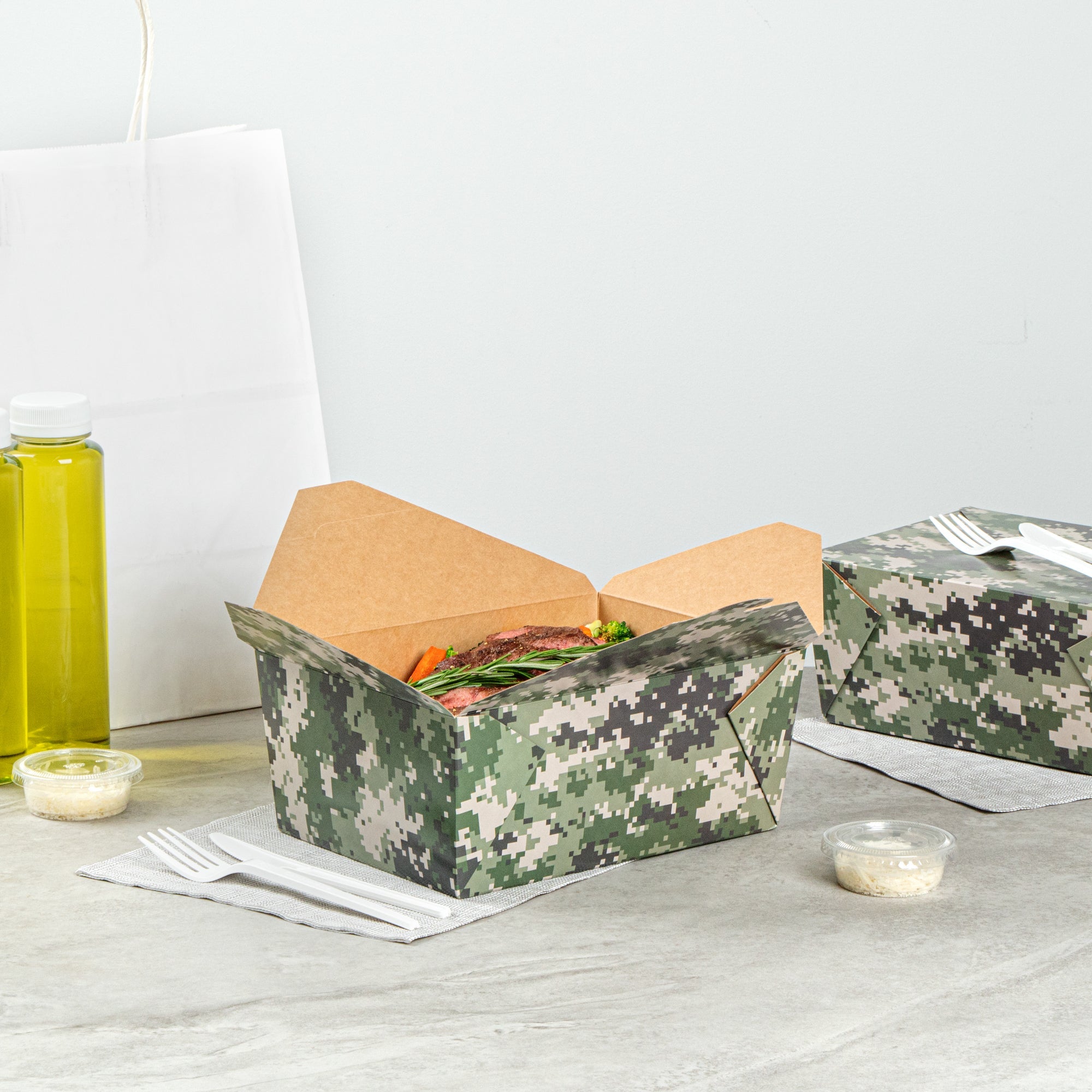 Bio Tek 98 oz Camouflage Paper #4 Bio Box Take Out Container - 8 1/2" x 6 1/4" x 3 1/2" - 50 count box