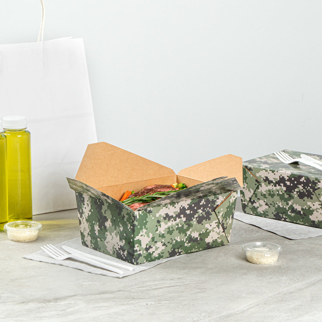 Bio Tek 98 oz Camouflage Paper #4 Bio Box Take Out Container - 8 1/2" x 6 1/4" x 3 1/2" - 200 count box