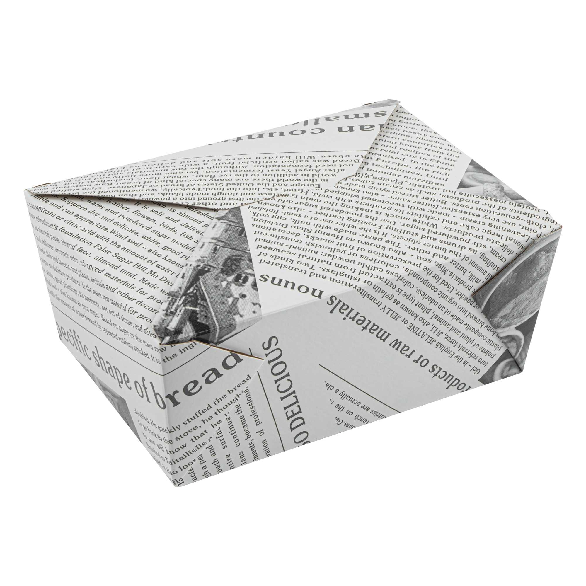 Bio Tek 98 oz Rectangle Newsprint Paper #4 Bio Box Take Out Container - 8 1/2" x 6 1/4" x 3 1/2" - 50 count box