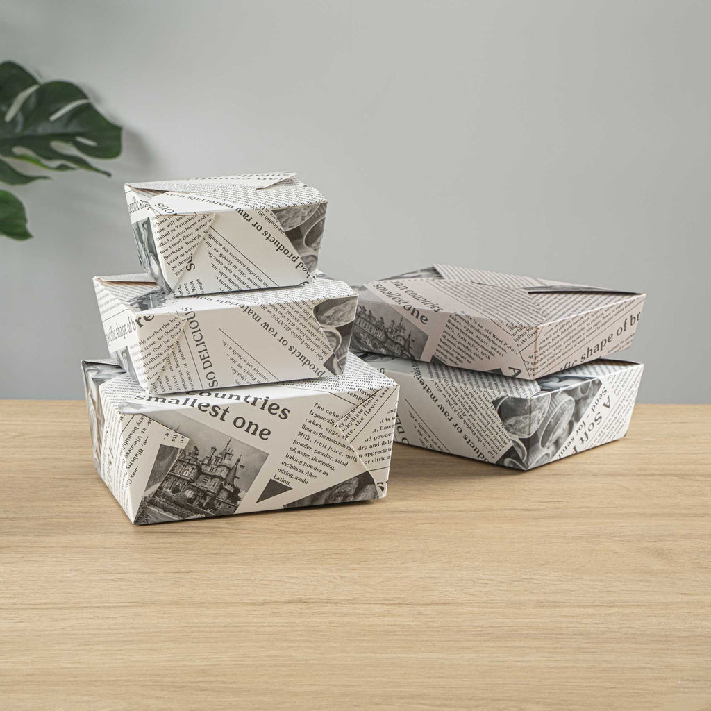 Bio Tek 98 oz Rectangle Newsprint Paper #4 Bio Box Take Out Container - 8 1/2" x 6 1/4" x 3 1/2" - 50 count box