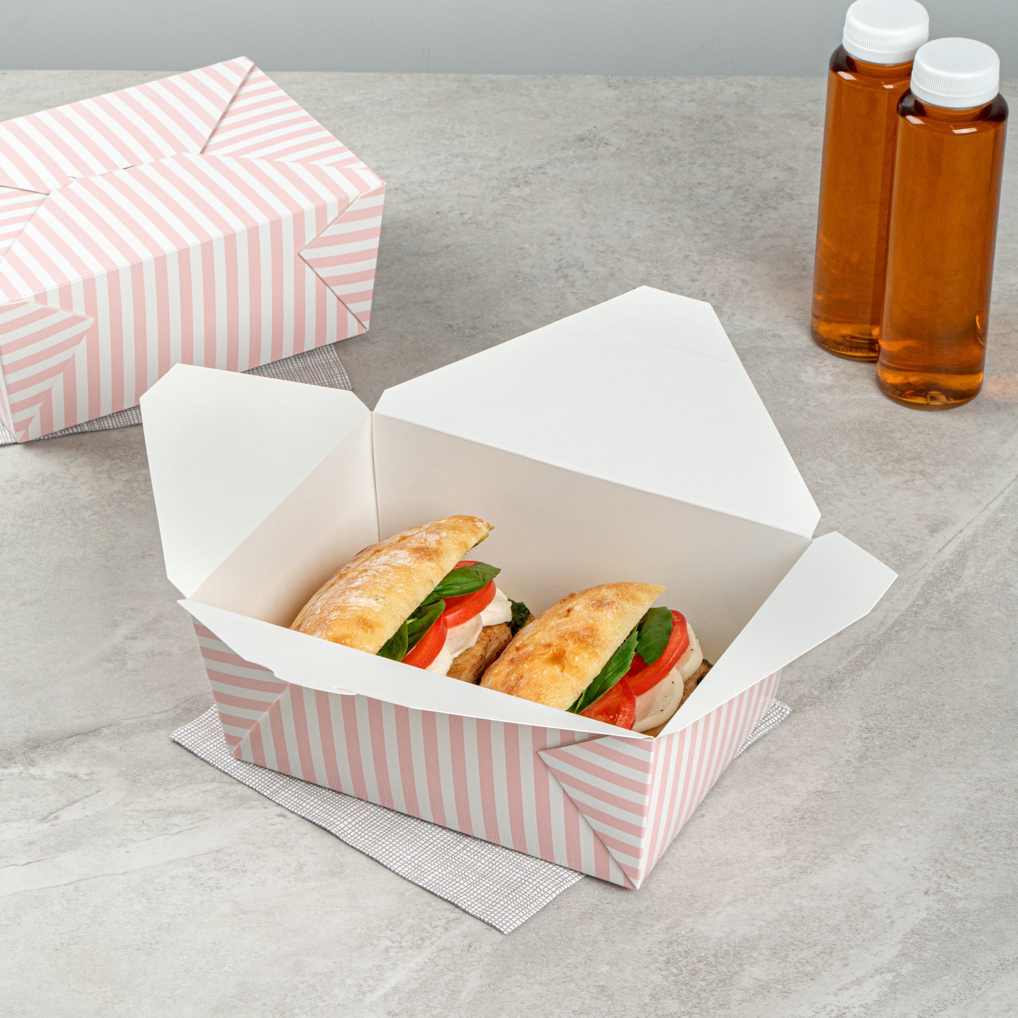 Bio Tek 98 oz Pink and White Stripe Paper #4 Bio Box Take Out Container - 8 1/2" x 6 1/4" x 3 1/2" - 50 count box