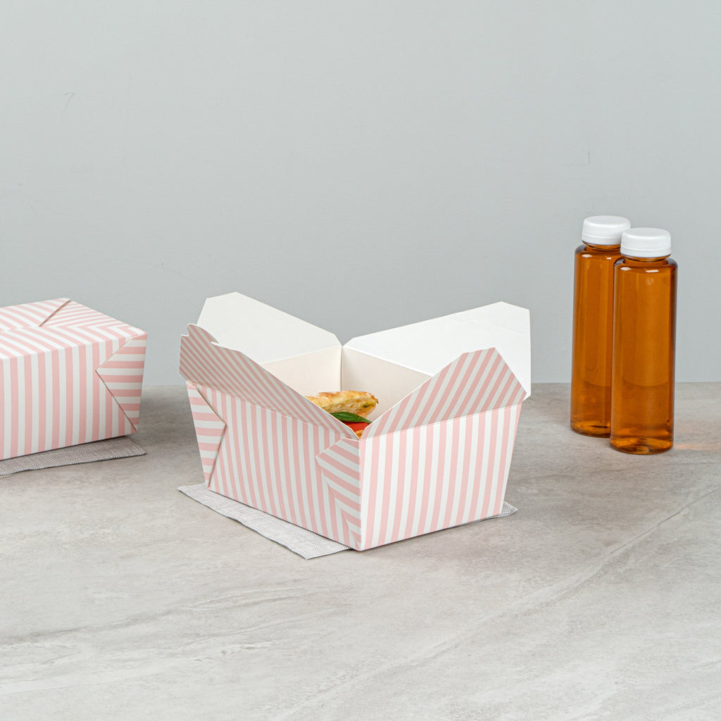 Bio Tek 98 oz Pink and White Stripe Paper #4 Bio Box Take Out Container - 8 1/2" x 6 1/4" x 3 1/2" - 50 count box