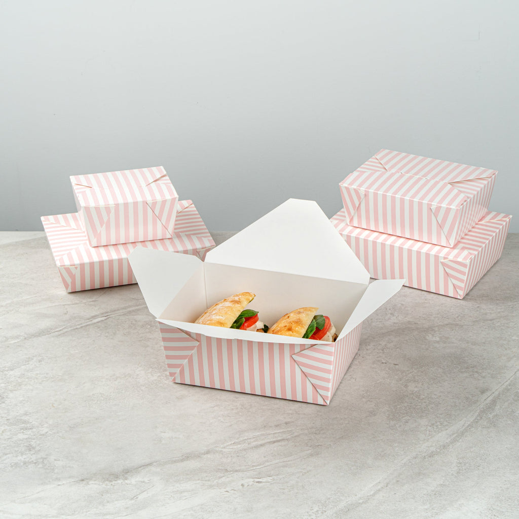Bio Tek 98 oz Pink and White Stripe Paper #4 Bio Box Take Out Container - 8 1/2" x 6 1/4" x 3 1/2" - 50 count box