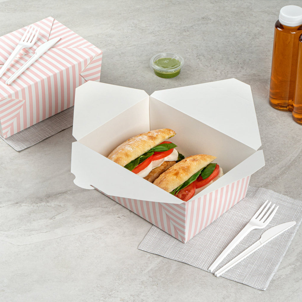 Bio Tek 98 oz Pink and White Stripe Paper #4 Bio Box Take Out Container - 8 1/2" x 6 1/4" x 3 1/2" - 200 count box