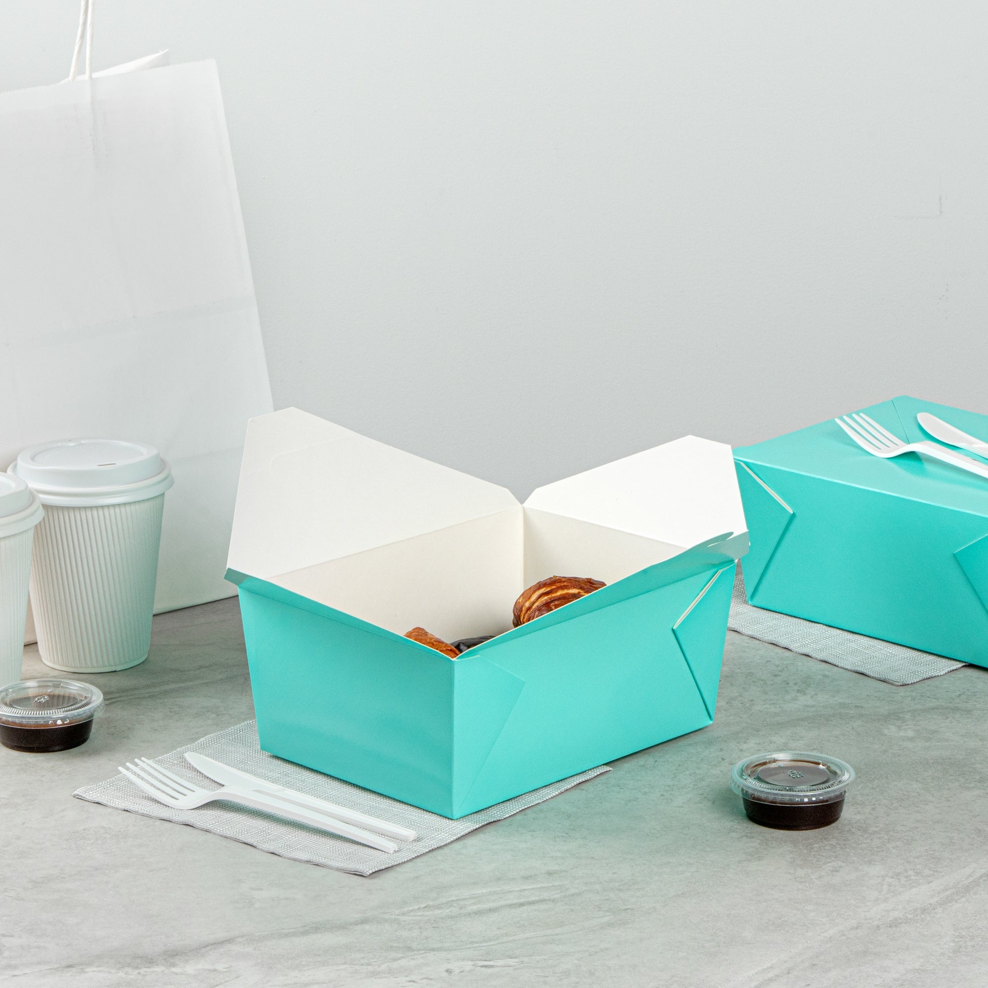 Bio Tek 98 oz Rectangle Turquoise Paper #4 Bio Box Take Out Container - 8 1/2" x 6 1/4" x 3 1/2" - 50 count box