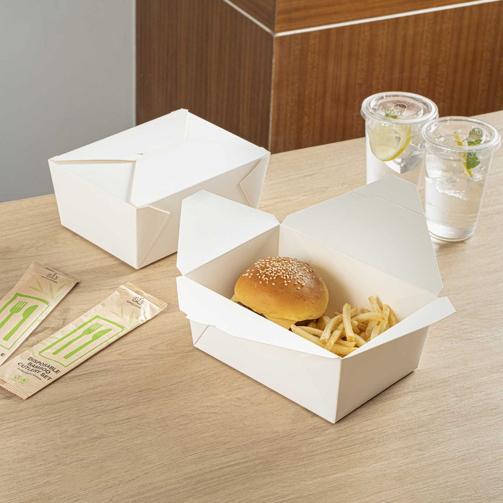 Bio Tek 98 oz Rectangle White Paper #4 Bio Box Take Out Container - 8 1/2" x 6 1/4" x 3 1/2" - 50 count box