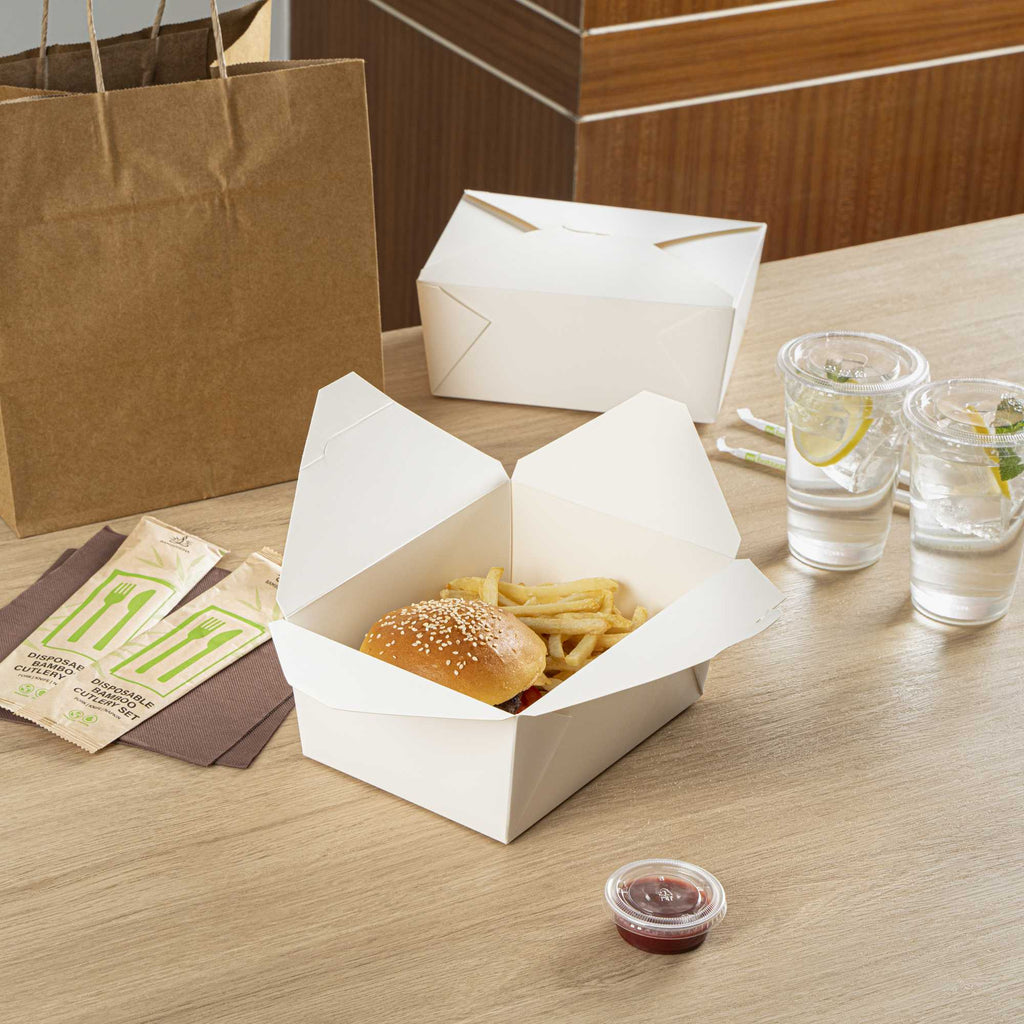 Bio Tek 98 oz Rectangle White Paper #4 Bio Box Take Out Container - 8 1/2" x 6 1/4" x 3 1/2" - 50 count box