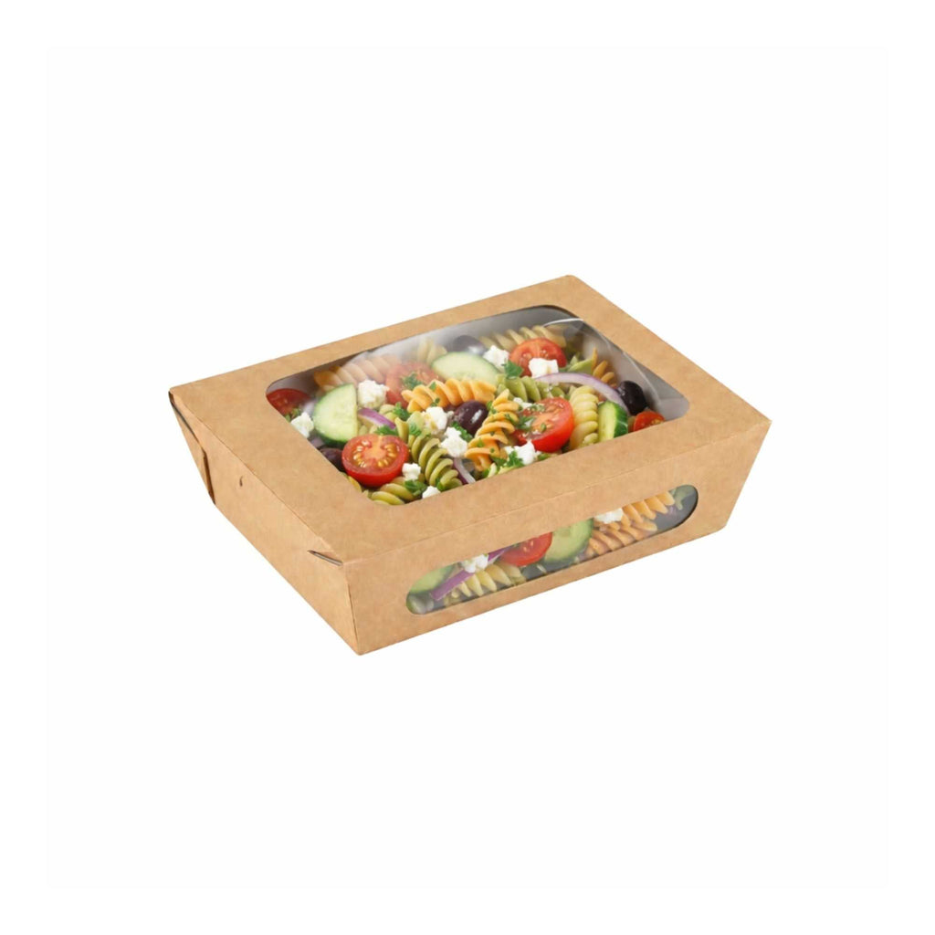 Cafe Vision 28 oz Rectangle Kraft Paper Small Bio Take Out Container - Two Windows - 6 1/4" x 4 3/4" x 2" - 50 count box