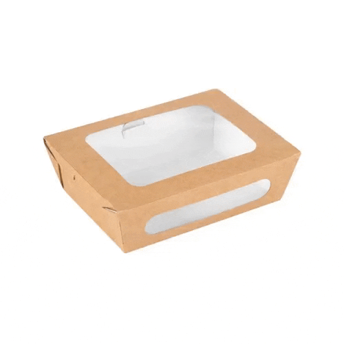 Cafe Vision 28 oz Rectangle Kraft Paper Small Bio Take Out Container - Two Windows - 6 1/4" x 4 3/4" x 2" - 50 count box