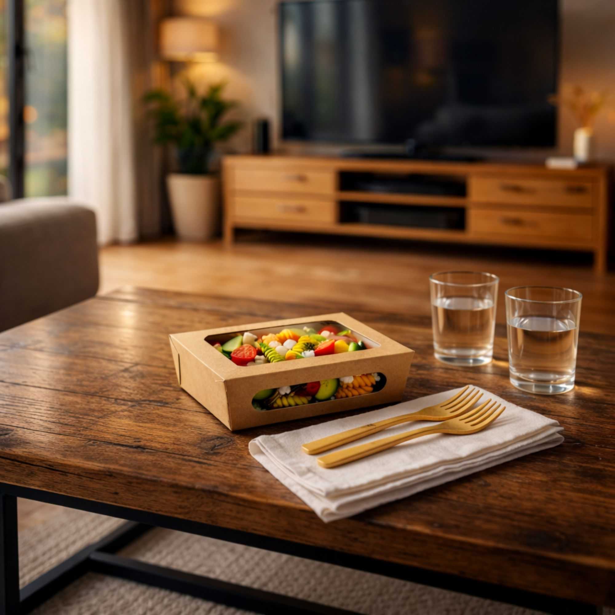 Cafe Vision 28 oz Rectangle Kraft Paper Small Bio Take Out Container - Two Windows - 6 1/4" x 4 3/4" x 2" - 50 count box