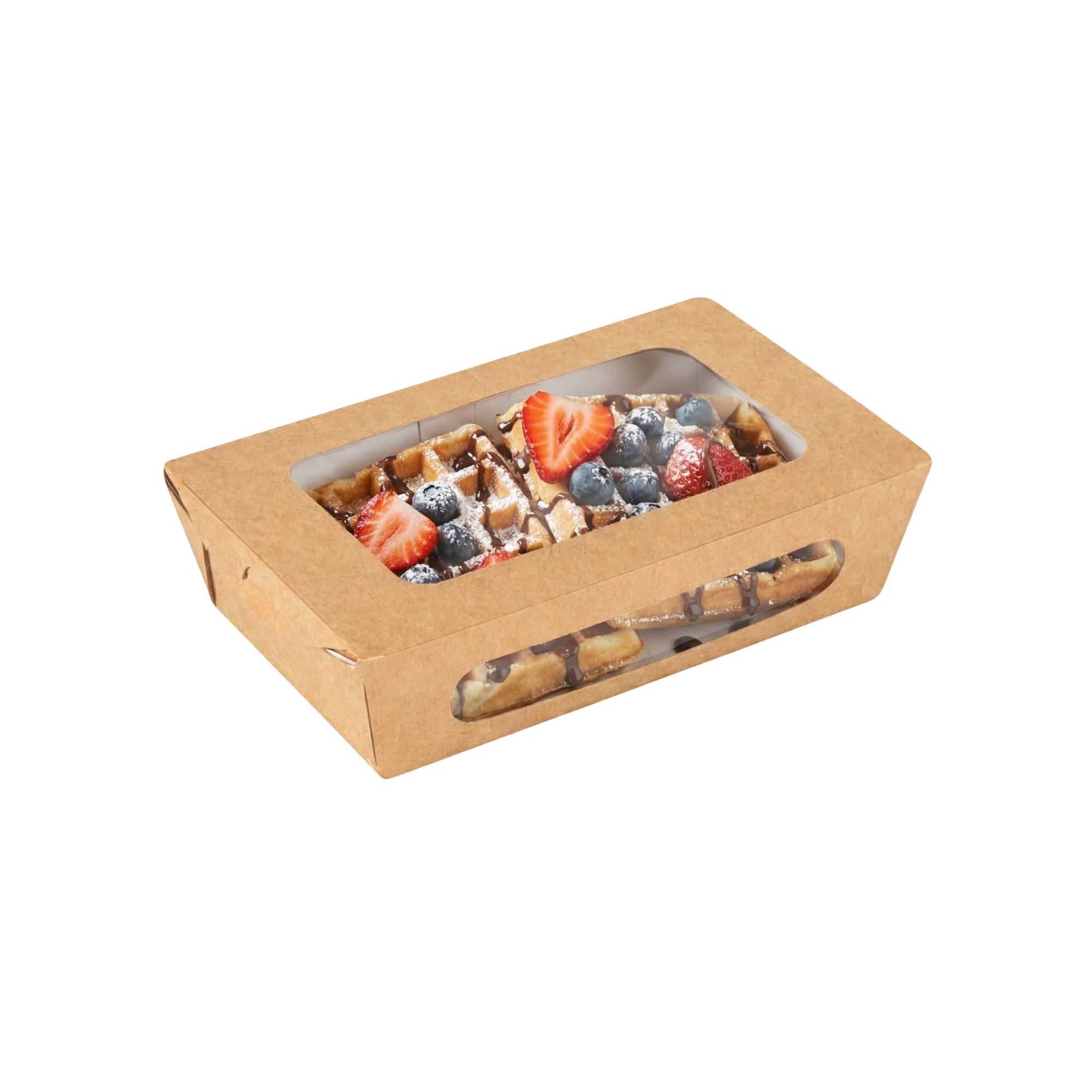 Cafe Vision 35 oz Rectangle Kraft Paper Medium Bio Take Out Container - Two Windows - 8" x 4 3/4" x 2" - 50 count box