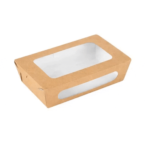Cafe Vision 35 oz Rectangle Kraft Paper Medium Bio Take Out Container - Two Windows - 8" x 4 3/4" x 2" - 200 count box