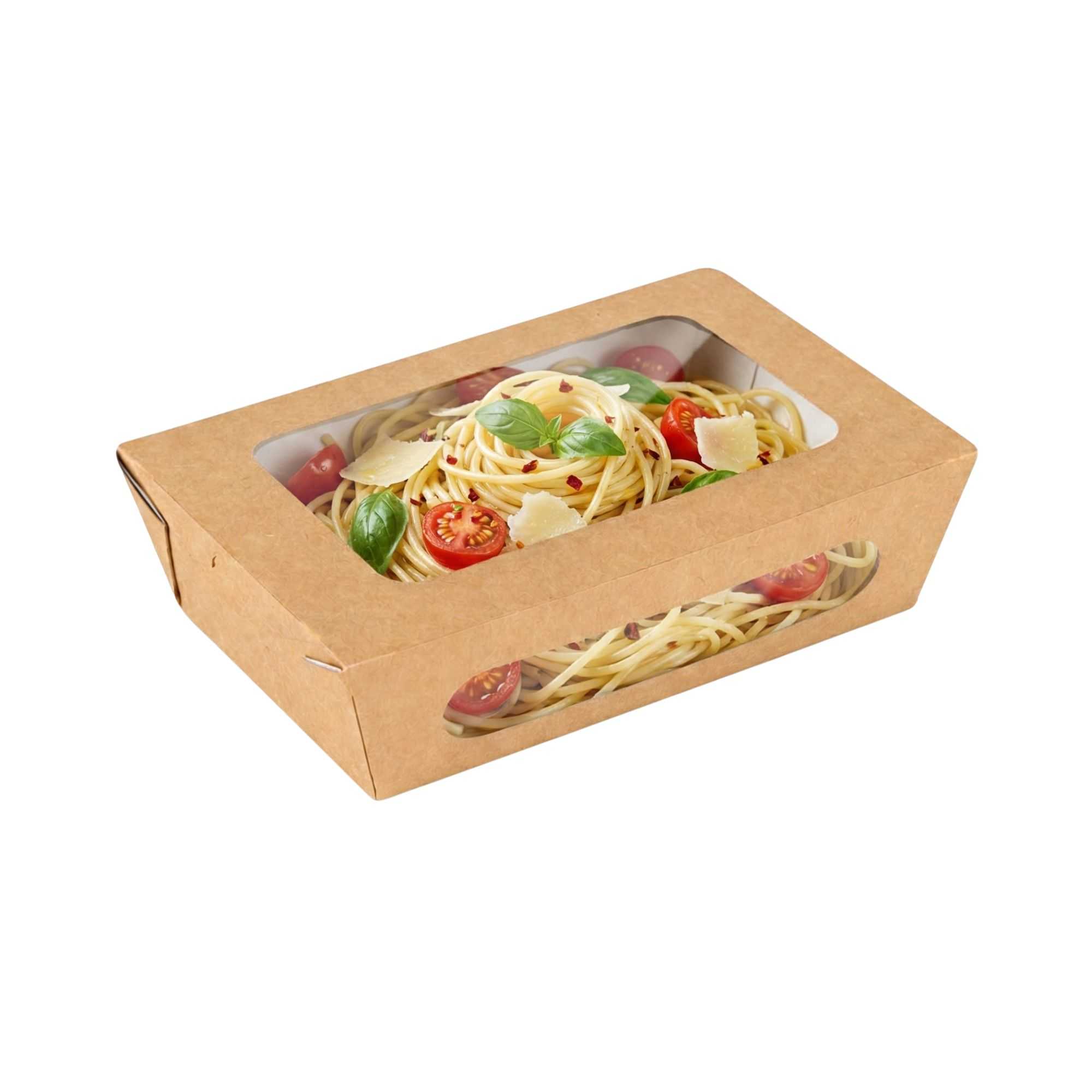 Cafe Vision 57 oz Rectangle Kraft Paper Extra Large Bio Take Out Container - Two Windows - 8" x 5 1/2" x 2 1/2" - 200 count box