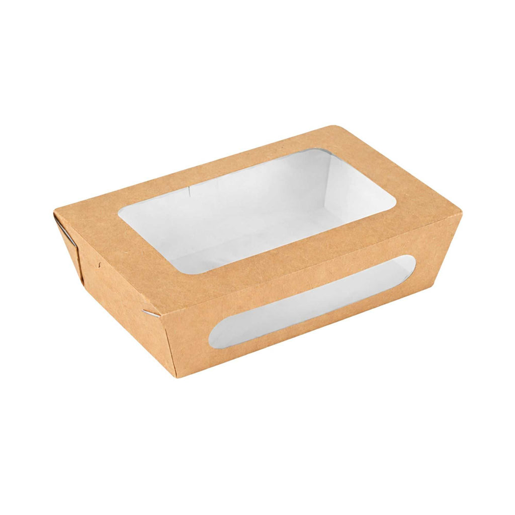Cafe Vision 57 oz Rectangle Kraft Paper Extra Large Bio Take Out Container - Two Windows - 8" x 5 1/2" x 2 1/2" - 50 count box