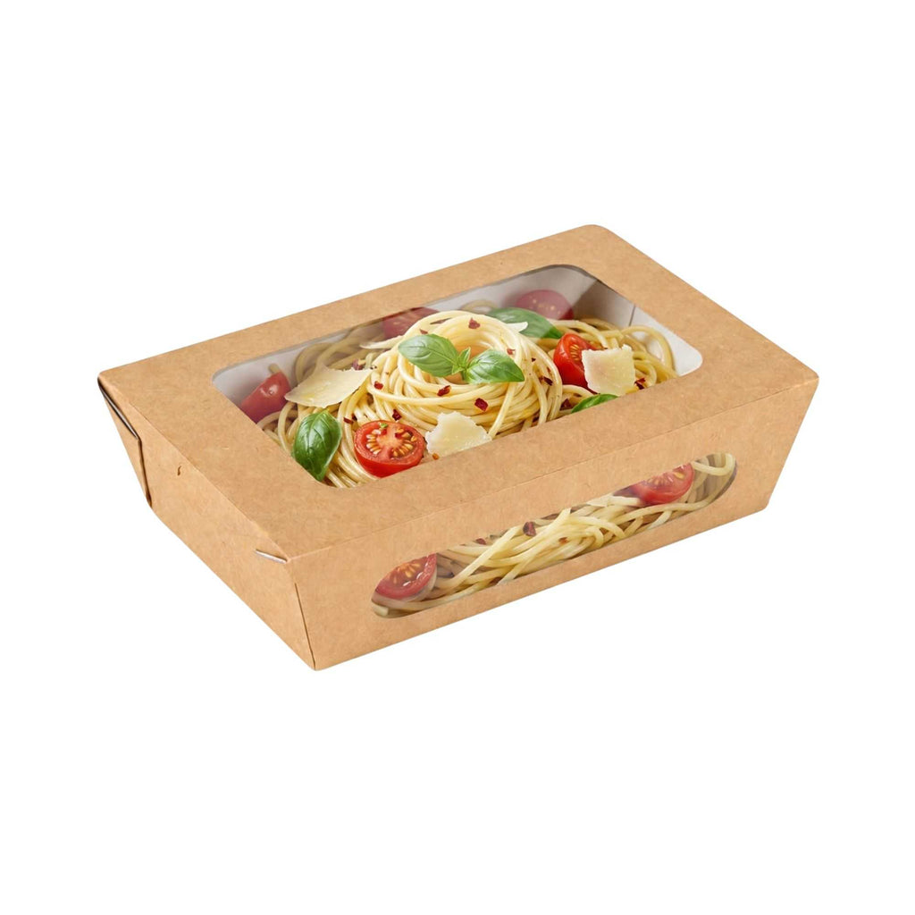 Cafe Vision 57 oz Rectangle Kraft Paper Extra Large Bio Take Out Container - Two Windows - 8" x 5 1/2" x 2 1/2" - 50 count box