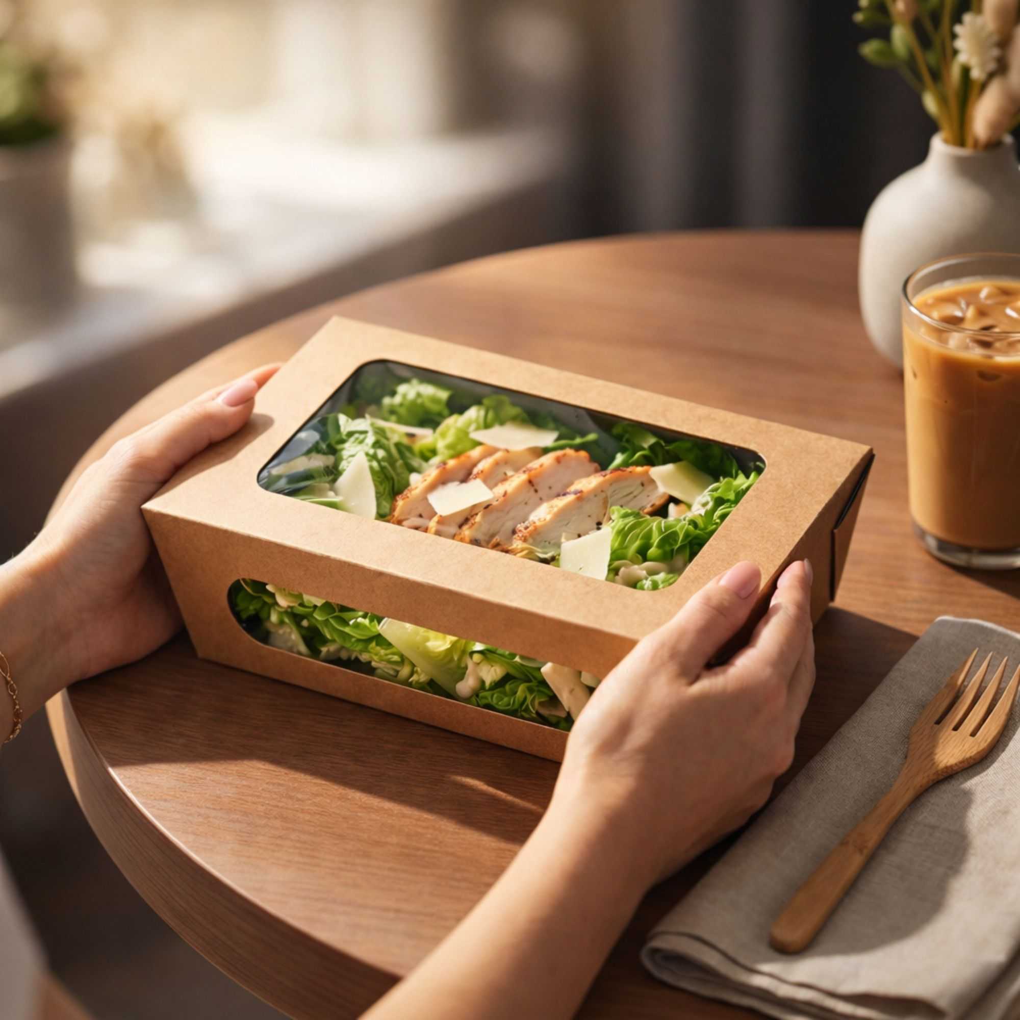 Cafe Vision 57 oz Rectangle Kraft Paper Extra Large Bio Take Out Container - Two Windows - 8" x 5 1/2" x 2 1/2" - 50 count box