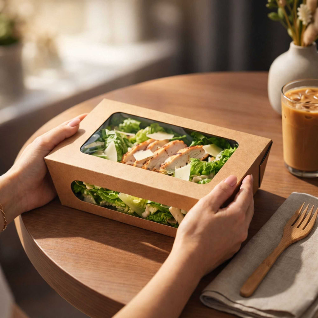 Cafe Vision 57 oz Rectangle Kraft Paper Extra Large Bio Take Out Container - Two Windows - 8" x 5 1/2" x 2 1/2" - 200 count box