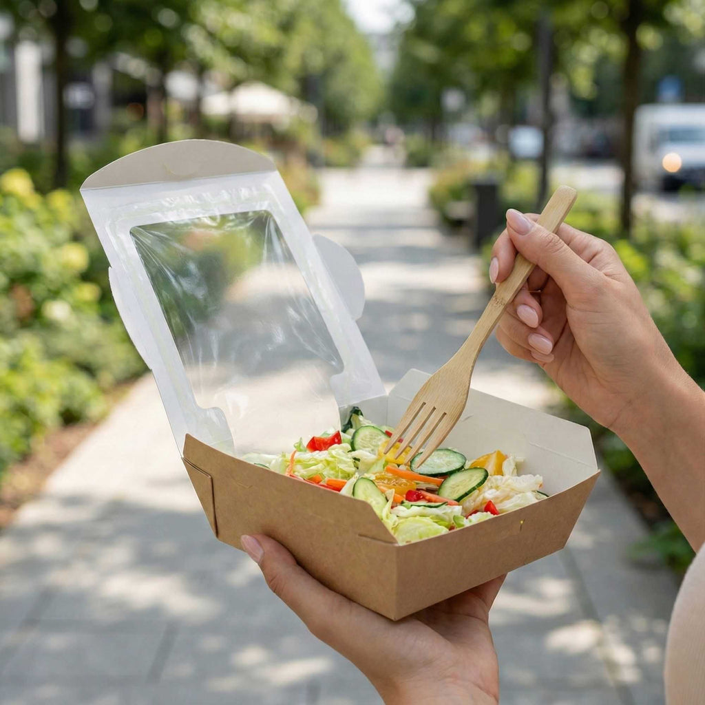 Cafe Vision 26 oz Rectangle Kraft Paper Medium Bio Salad Box - 5 3/4" x 5 3/4" x 1 3/4" - 200 count box
