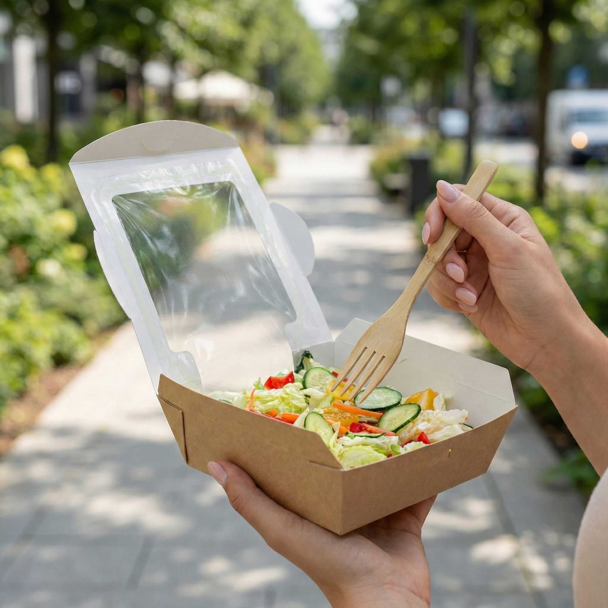 Cafe Vision 26 oz Rectangle Kraft Paper Medium Bio Salad Box - 5 3/4" x 5 3/4" x 1 3/4" - 200 count box