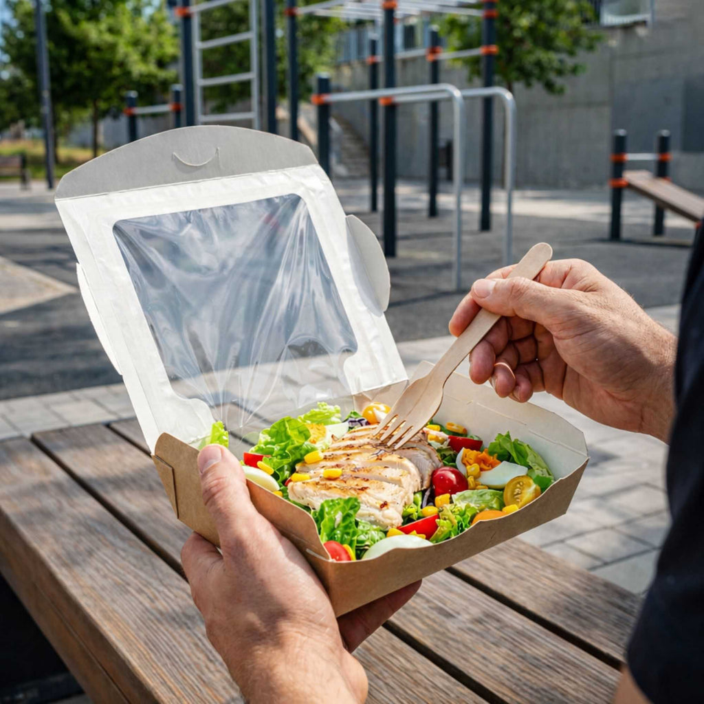 Cafe Vision 40 oz Rectangle Kraft Paper Large Bio Salad Box - 8 1/4" x 6 1/4" x 1 1/2" - 50 count box