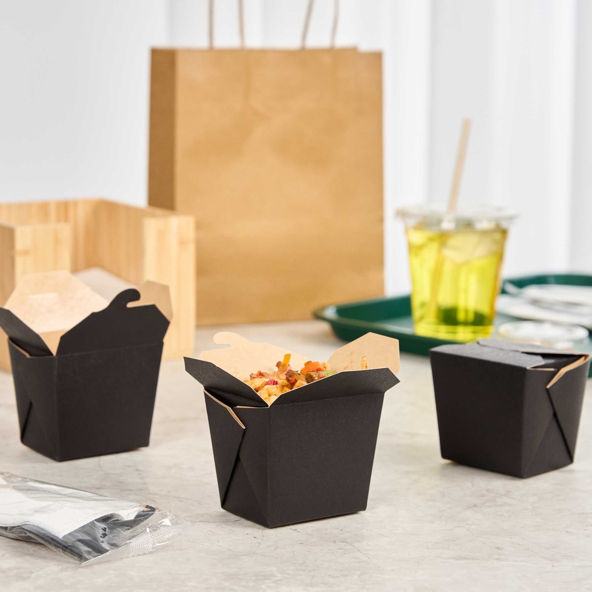 Bio Tek 8 oz Square Black Paper Noodle Take Out Container - 2 3/4" x 2 1/4" x 2 1/2" - 25 count box