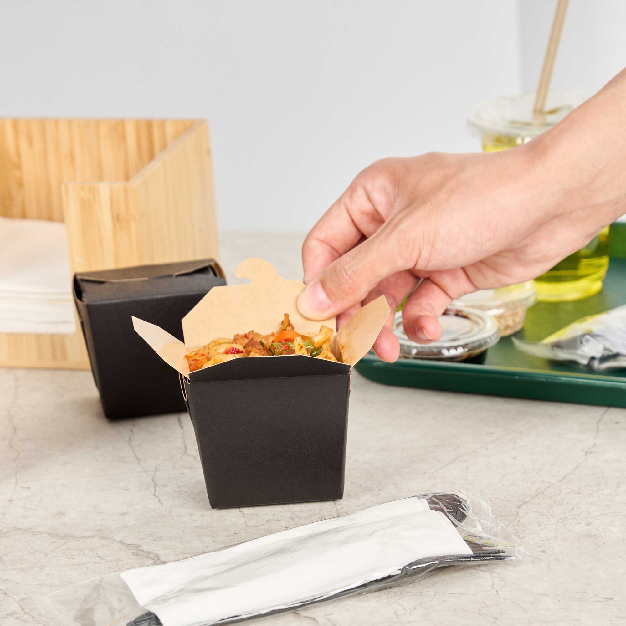 Bio Tek 8 oz Square Black Paper Noodle Take Out Container - 2 3/4" x 2 1/4" x 2 1/2" - 25 count box