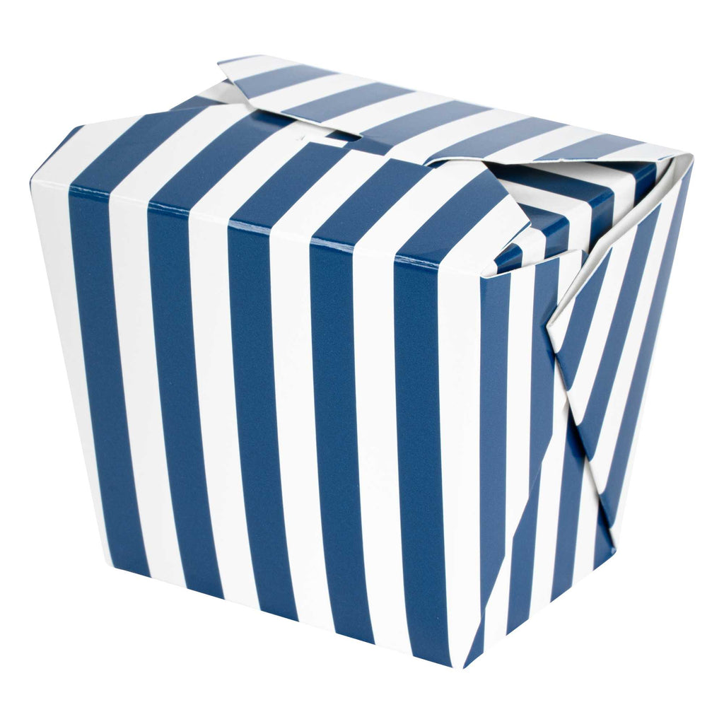 Bio Tek 8 oz Square Blue and White Stripe Paper Noodle Take Out Container - 2 3/4" x 2 1/4" x 2 1/2" - 50 count box