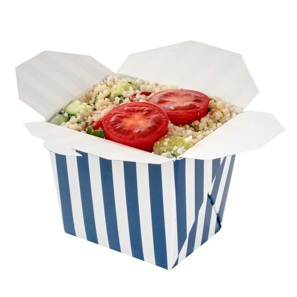 Bio Tek 8 oz Square Blue and White Stripe Paper Noodle Take Out Container - 2 3/4" x 2 1/4" x 2 1/2" - 200 count box