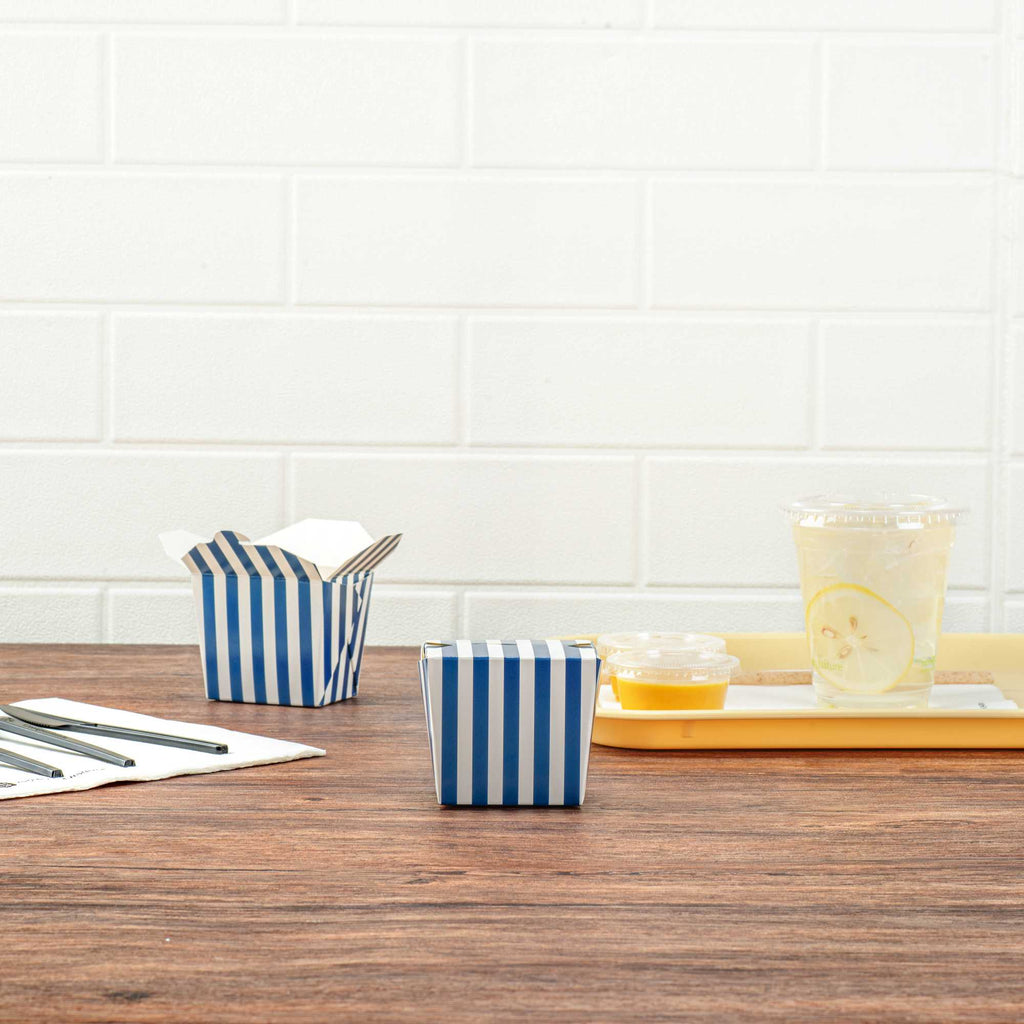 Bio Tek 8 oz Square Blue and White Stripe Paper Noodle Take Out Container - 2 3/4" x 2 1/4" x 2 1/2" - 200 count box