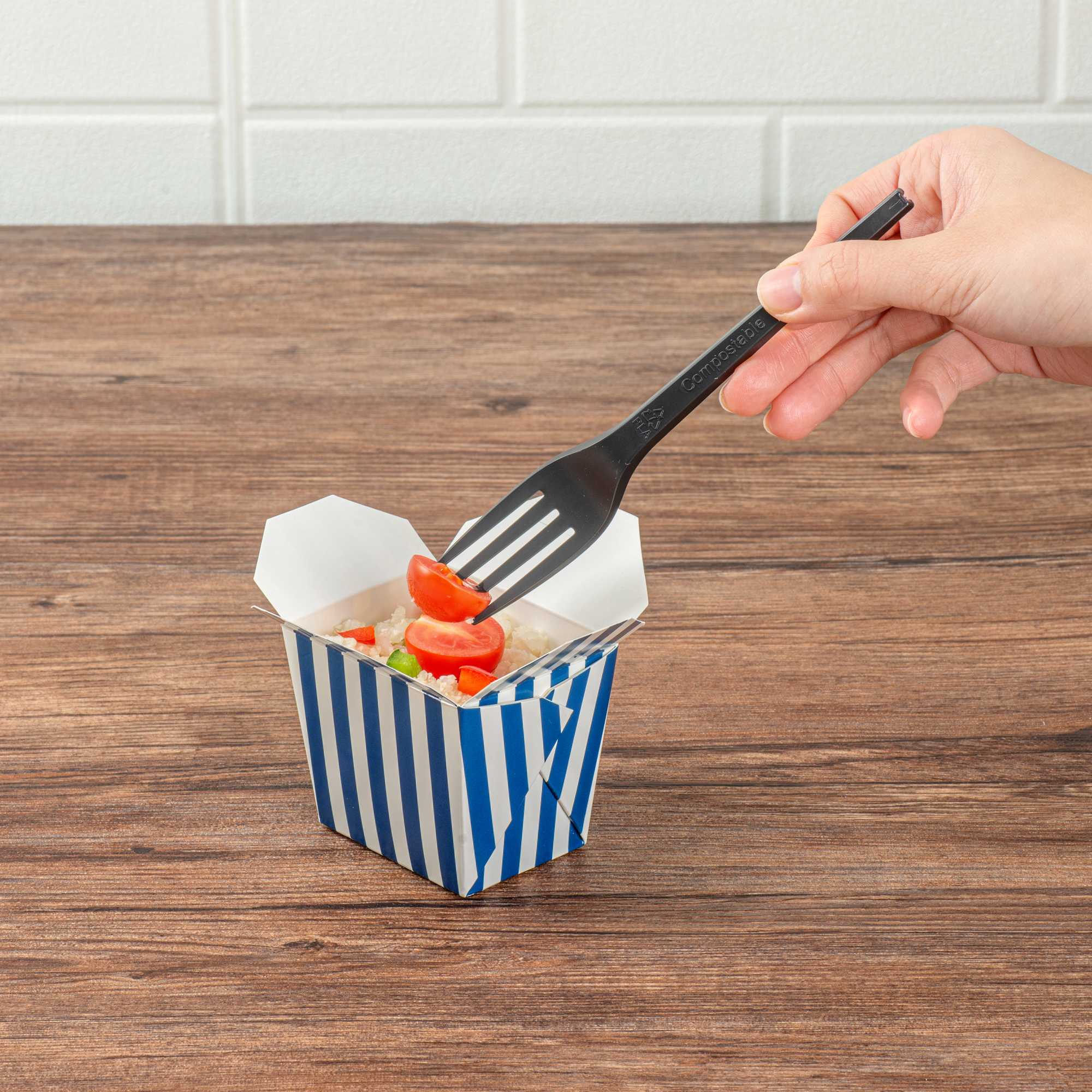 Bio Tek 8 oz Square Blue and White Stripe Paper Noodle Take Out Container - 2 3/4" x 2 1/4" x 2 1/2" - 200 count box