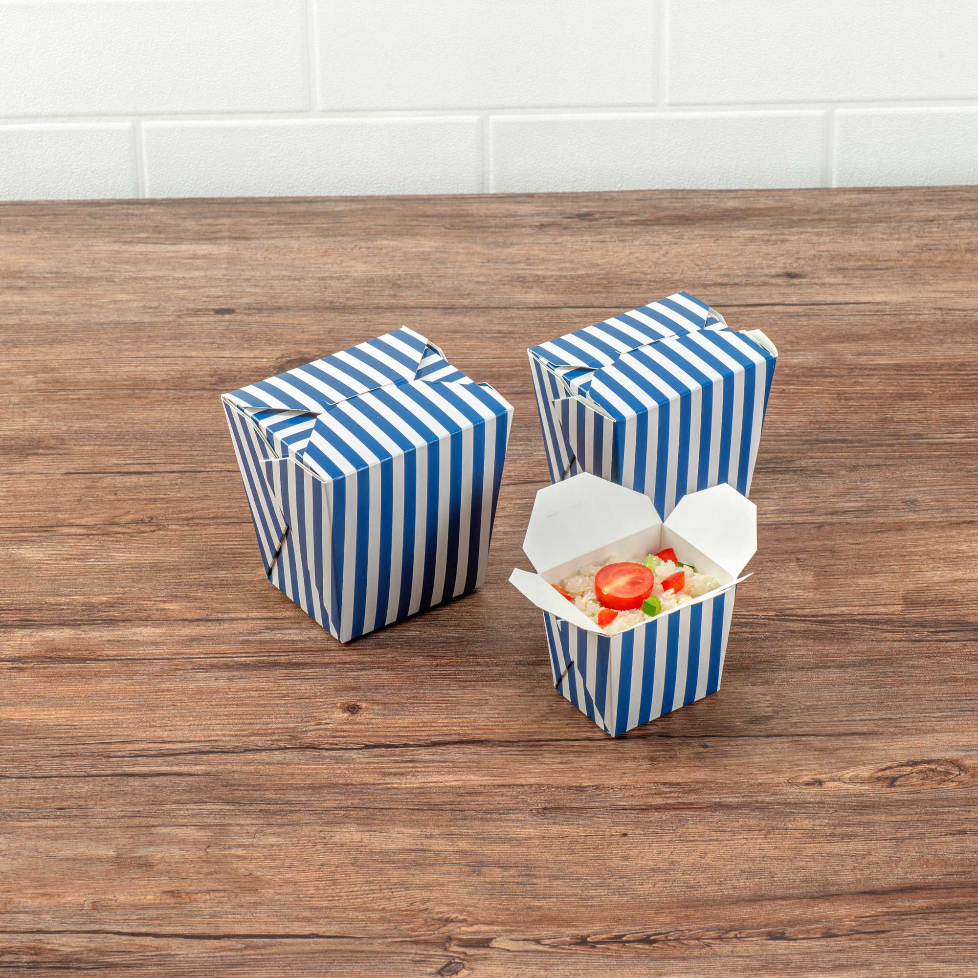 Bio Tek 8 oz Square Blue and White Stripe Paper Noodle Take Out Container - 2 3/4" x 2 1/4" x 2 1/2" - 200 count box