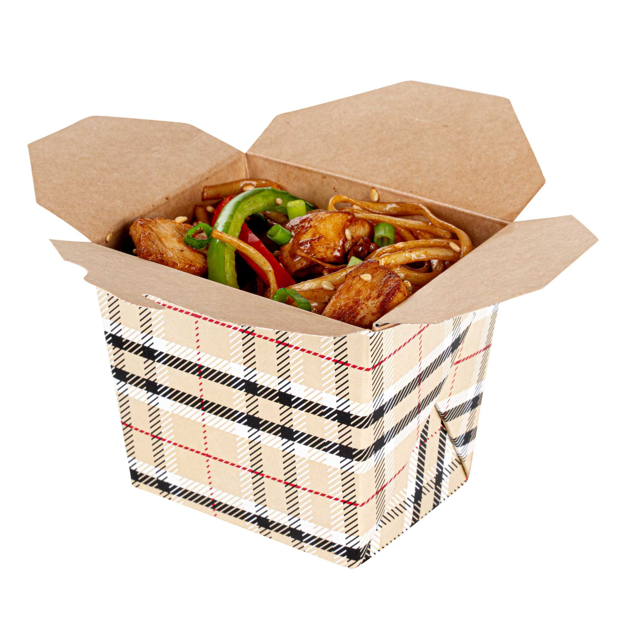 Bio Tek 8 oz Square Plaid Paper Noodle Take Out Container - 2 3/4" x 2 1/4" x 2 1/2" - 200 count box