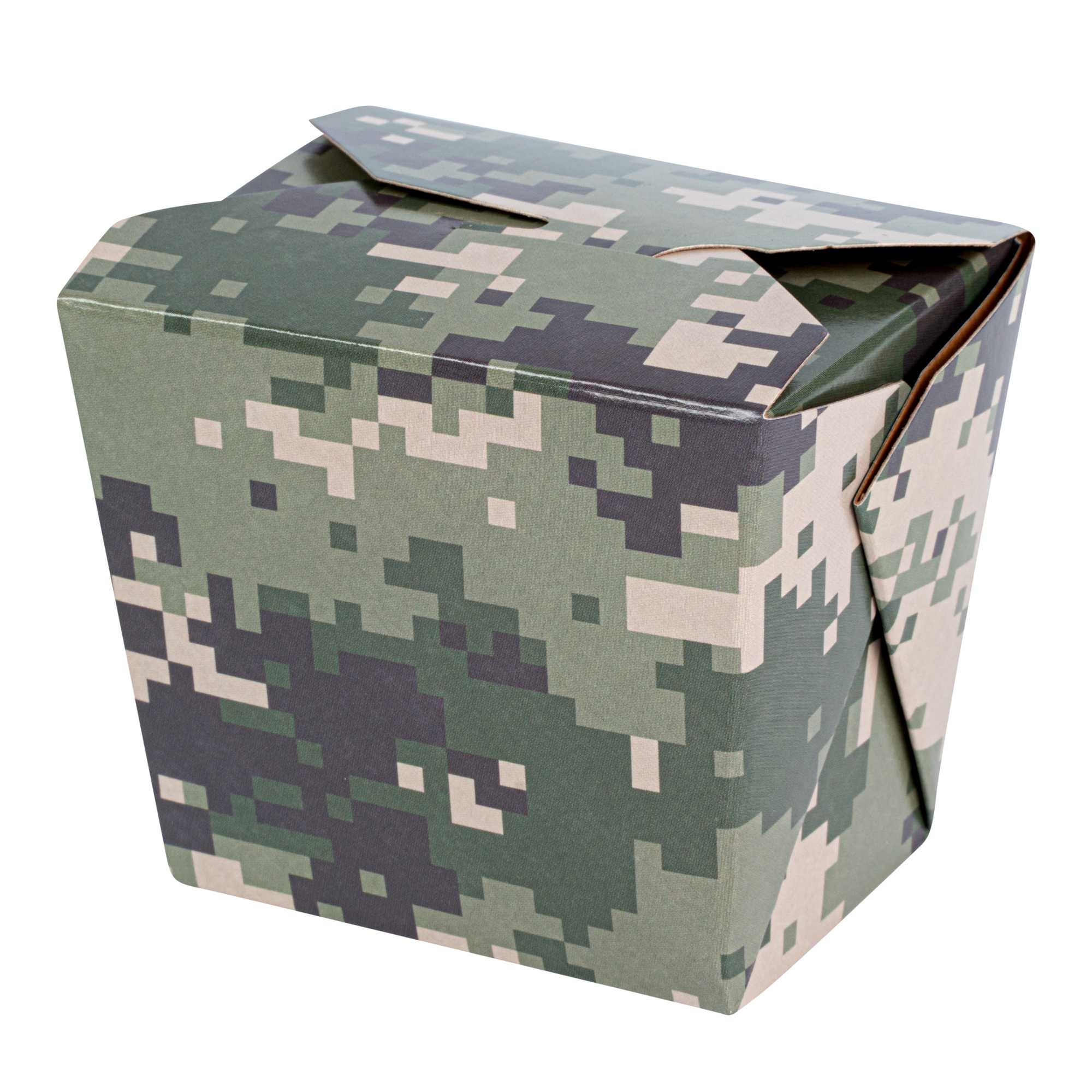 Bio Tek 8 oz Square Camouflage Paper Noodle Take Out Container - 2 3/4" x 2 1/4" x 2 1/2" - 50 count box