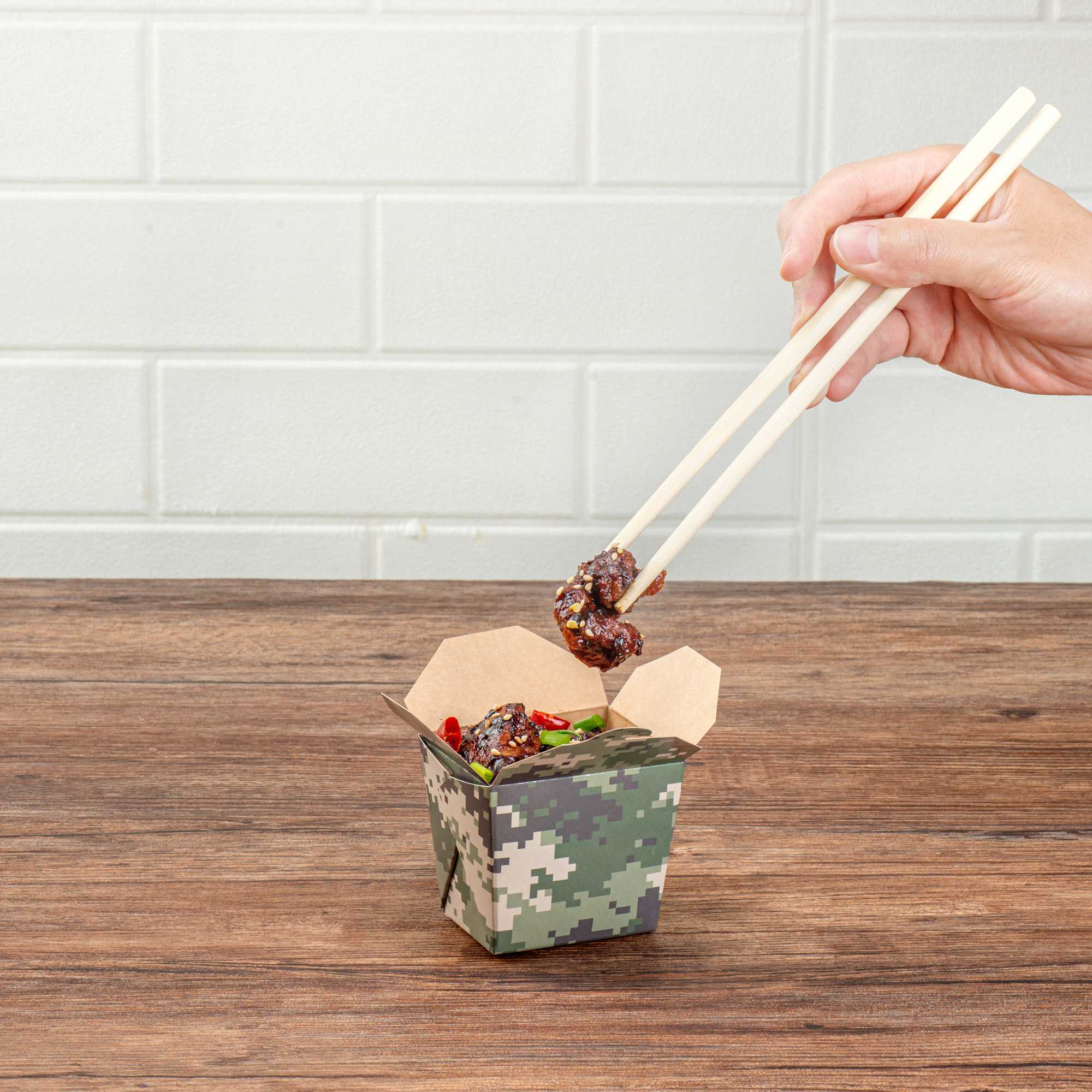 Bio Tek 8 oz Square Camouflage Paper Noodle Take Out Container - 2 3/4" x 2 1/4" x 2 1/2" - 50 count box