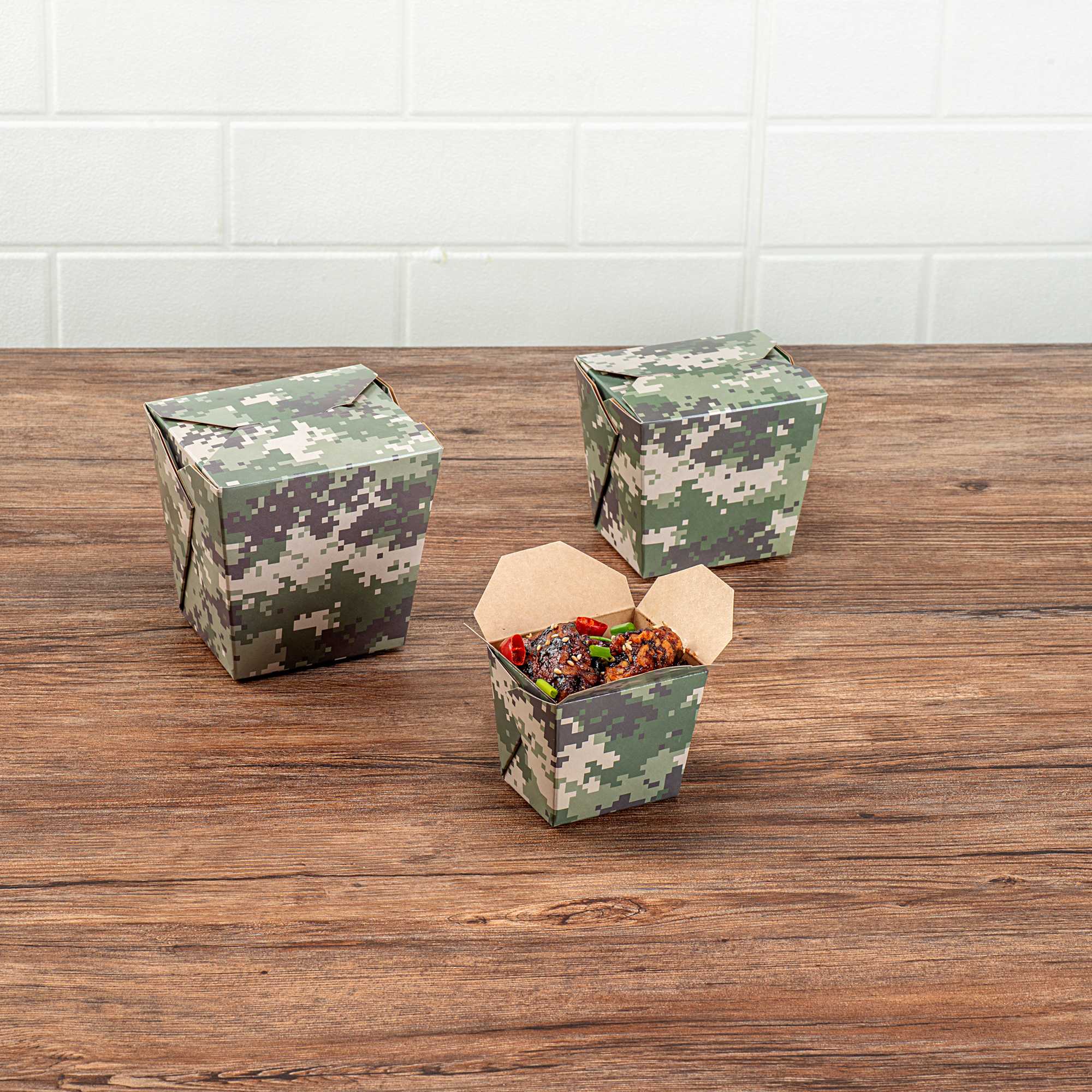 Bio Tek 8 oz Square Camouflage Paper Noodle Take Out Container - 2 3/4" x 2 1/4" x 2 1/2" - 50 count box