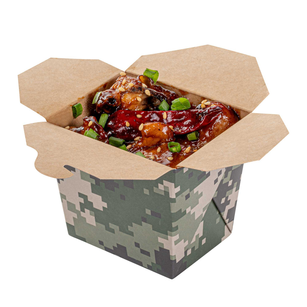 Bio Tek 8 oz Square Camouflage Paper Noodle Take Out Container - 2 3/4" x 2 1/4" x 2 1/2" - 200 count box