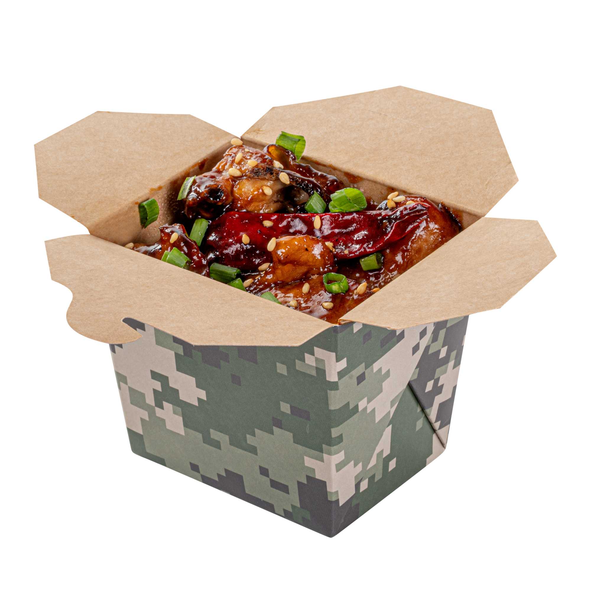 Bio Tek 8 oz Square Camouflage Paper Noodle Take Out Container - 2 3/4" x 2 1/4" x 2 1/2" - 200 count box