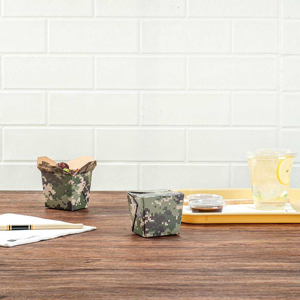 Bio Tek 8 oz Square Camouflage Paper Noodle Take Out Container - 2 3/4" x 2 1/4" x 2 1/2" - 200 count box