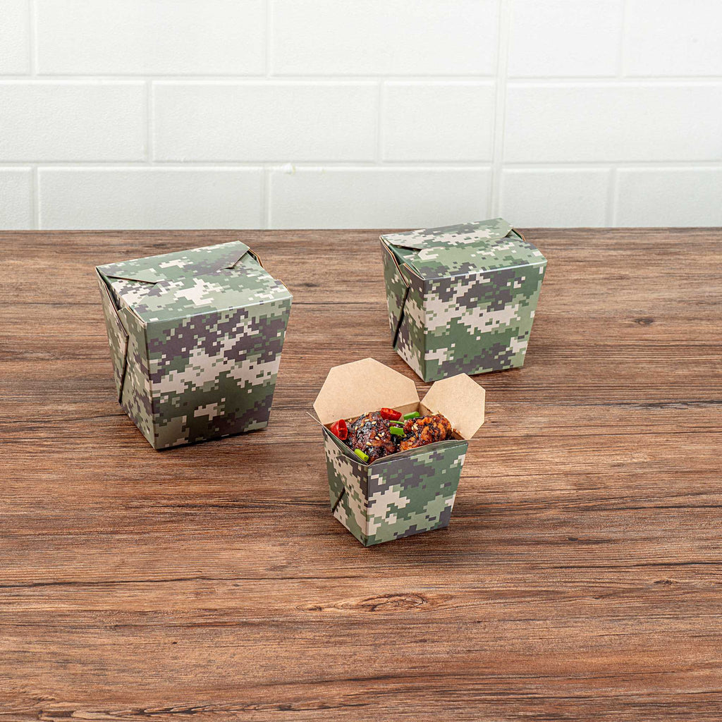 Bio Tek 8 oz Square Camouflage Paper Noodle Take Out Container - 2 3/4" x 2 1/4" x 2 1/2" - 200 count box