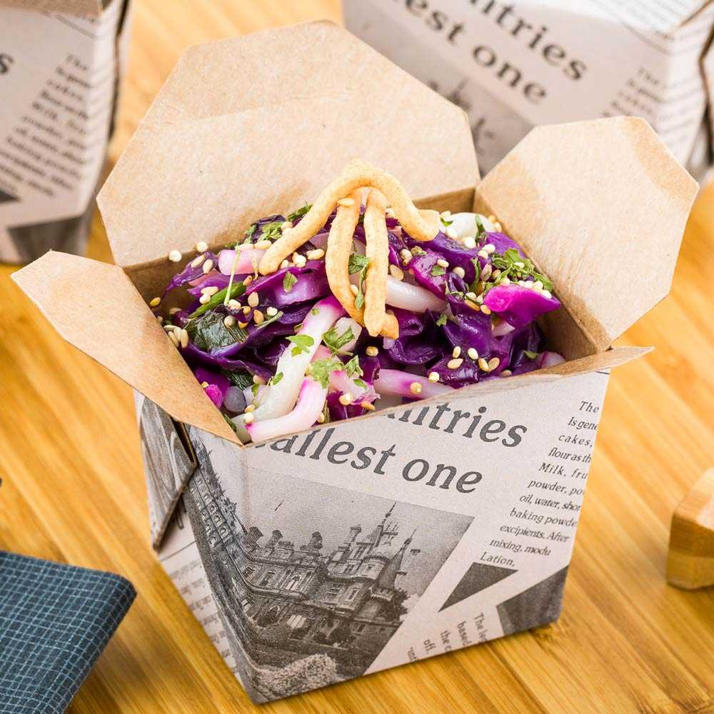 Bio Tek 8 oz Square Newsprint Paper Noodle Take Out Container - 2 3/4" x 2 1/4" x 2 1/2" - 200 count box