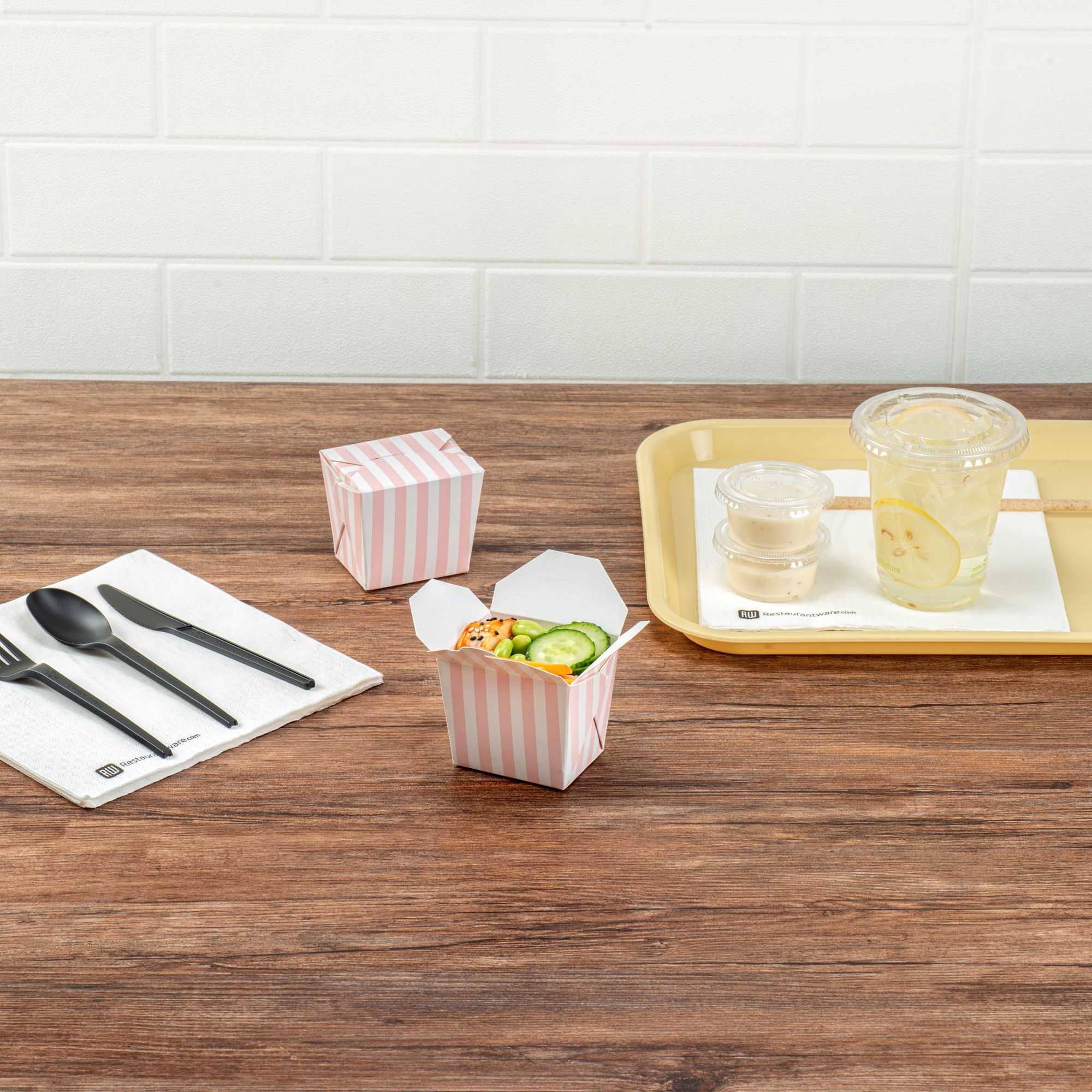 Bio Tek 8 oz Square Pink and White Stripe Paper Noodle Take Out Container - 2 3/4" x 2 1/4" x 2 1/2" - 50 count box