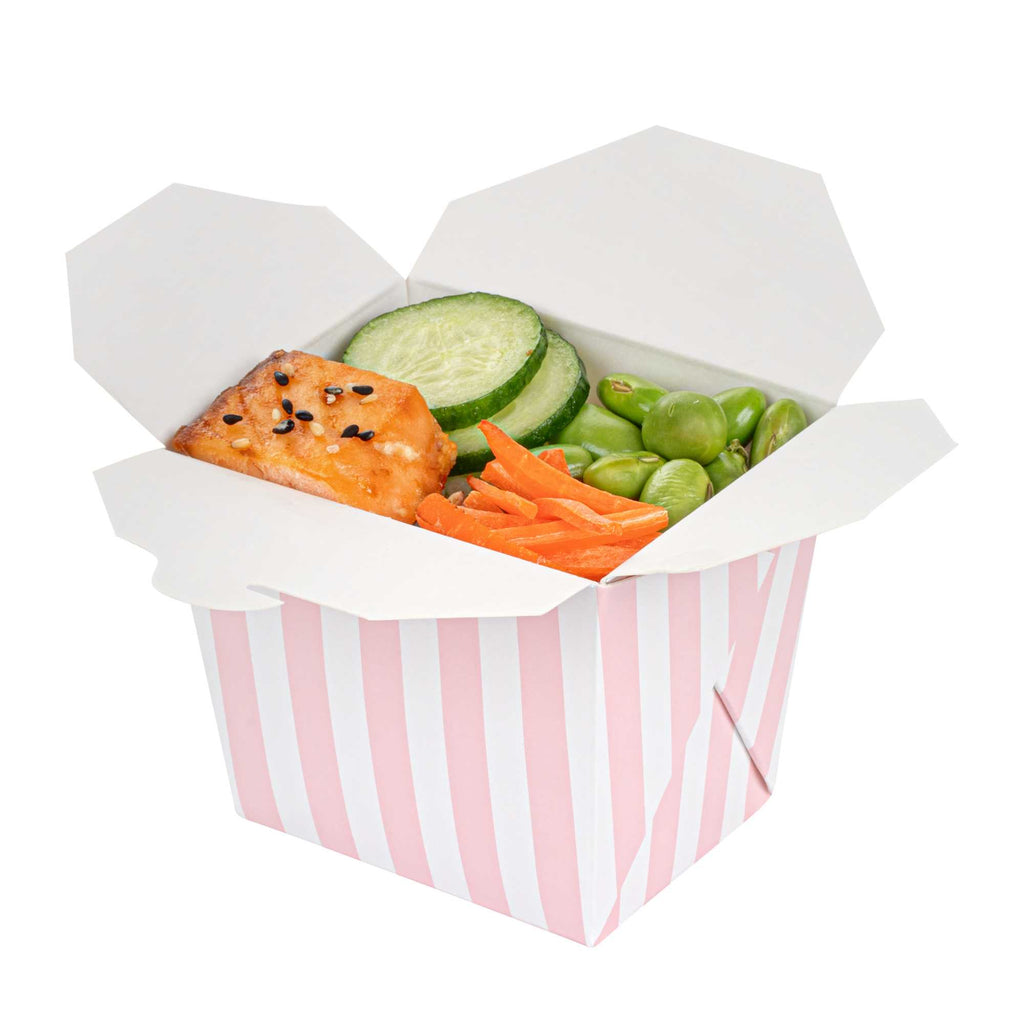 Bio Tek 8 oz Square Pink and White Stripe Paper Noodle Take Out Container - 2 3/4" x 2 1/4" x 2 1/2" - 200 count box