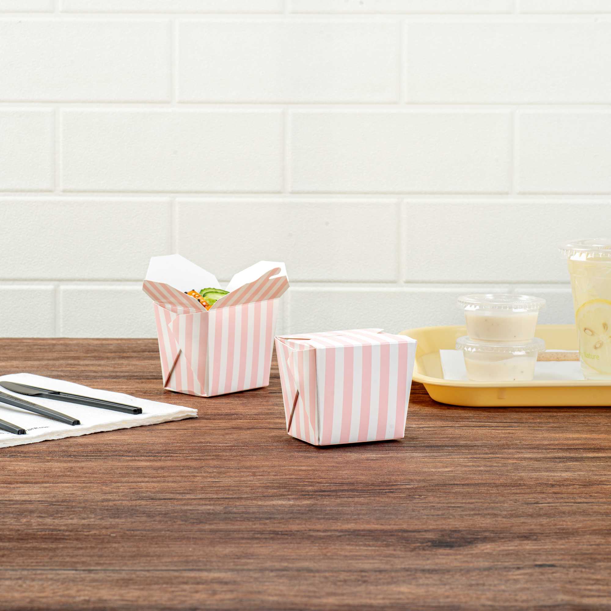 Bio Tek 8 oz Square Pink and White Stripe Paper Noodle Take Out Container - 2 3/4" x 2 1/4" x 2 1/2" - 200 count box