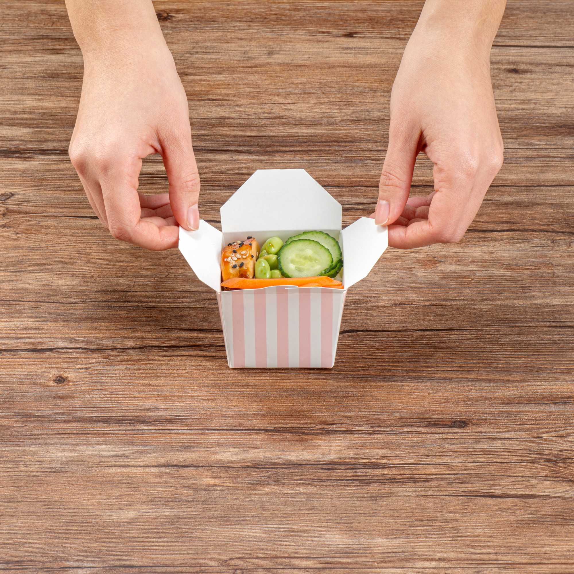 Bio Tek 8 oz Square Pink and White Stripe Paper Noodle Take Out Container - 2 3/4" x 2 1/4" x 2 1/2" - 200 count box